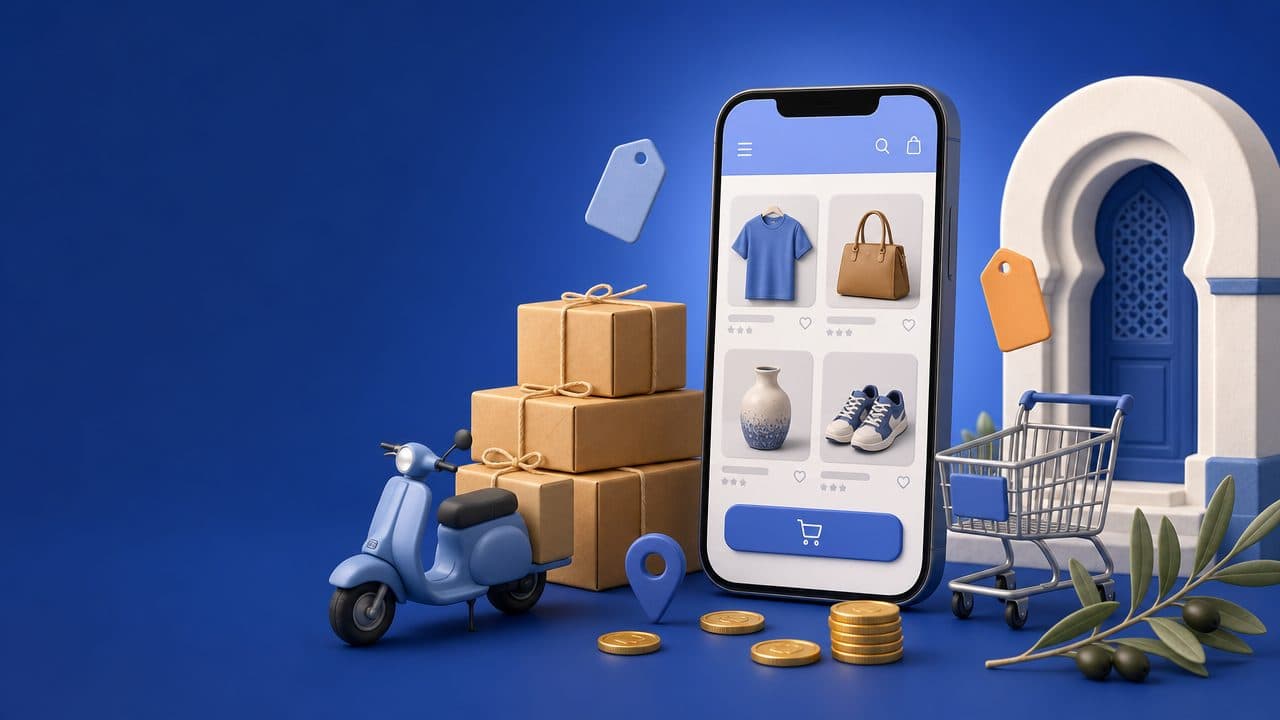 Un téléphone affiche une boutique en ligne, entouré de colis prêts à livrer, d’un scooter de livraison, d’un panier, de pièces, d’une porte bleue tunisienne et d’une branche d’olivier