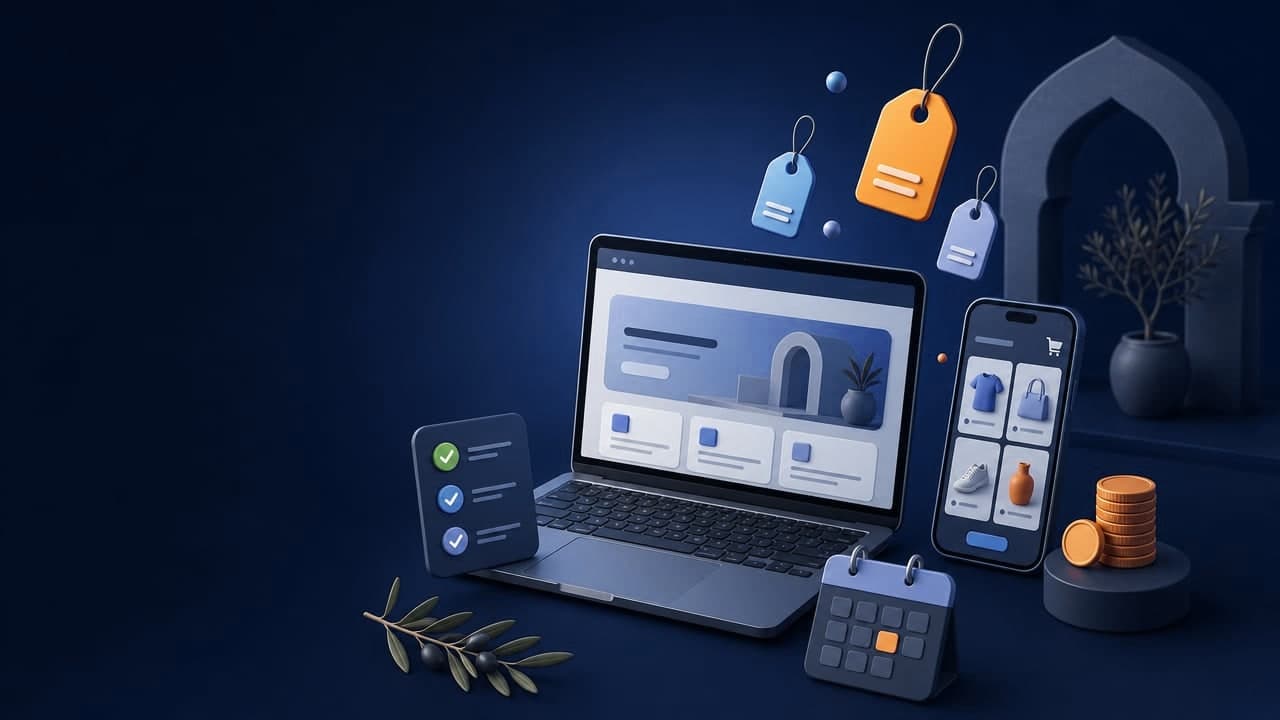 Un ordinateur portable et un téléphone affichent un site web et une boutique en ligne, entourés d’étiquettes de prix, de pièces et d’un calendrier